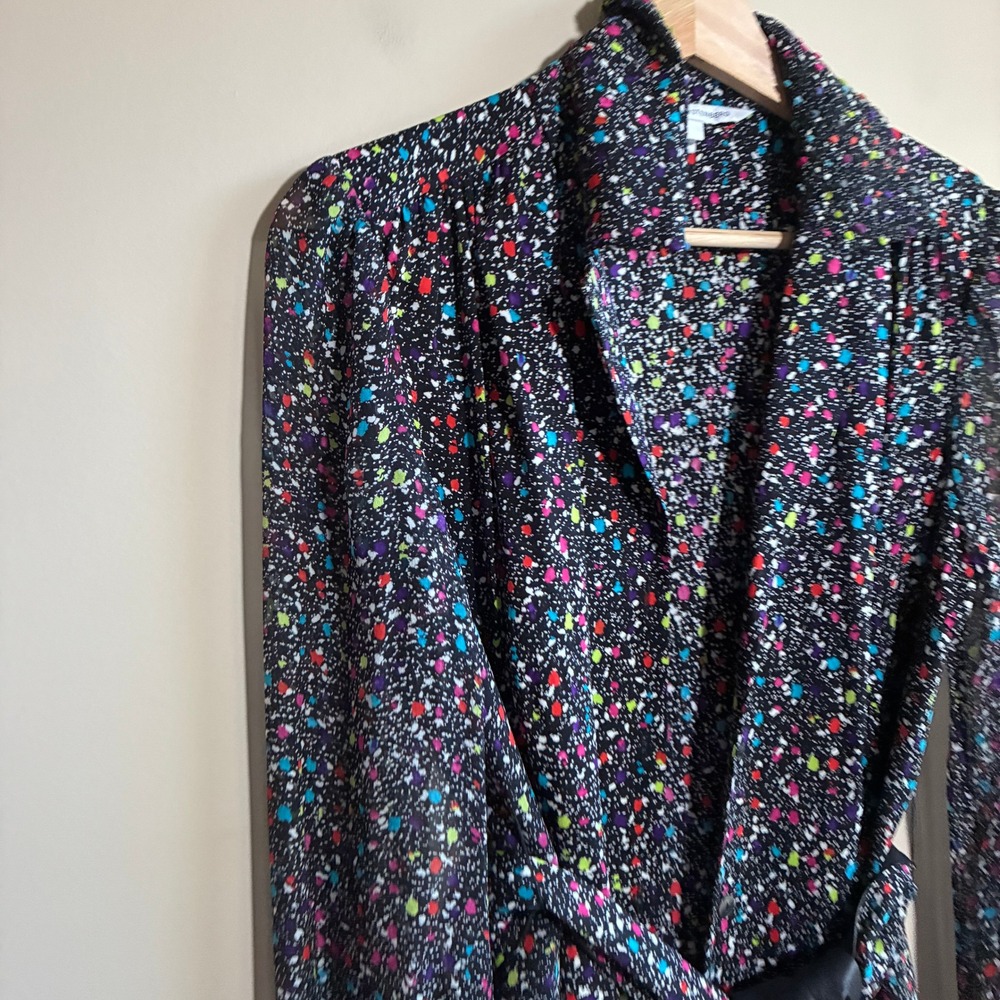 Diane von Furstenberg Silk Paint Splatter Wrap Dress 6 Black Multicolor Womens - Picture 2 of 14